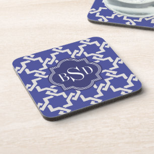 Chic indigo interlocking pattern monogram coaster