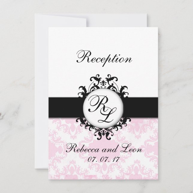 Chic Initials Pink Damask Wedding Reception Card (Front)