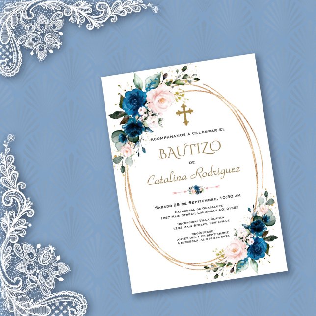 Chic Invitacion De Bautizo Gold Con Flores Baptism Invitation (Creator Uploaded)