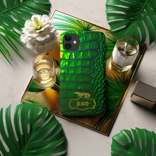 Chic Iridescent Green Faux Crocodile Monogrammed Case-Mate iPhone Case