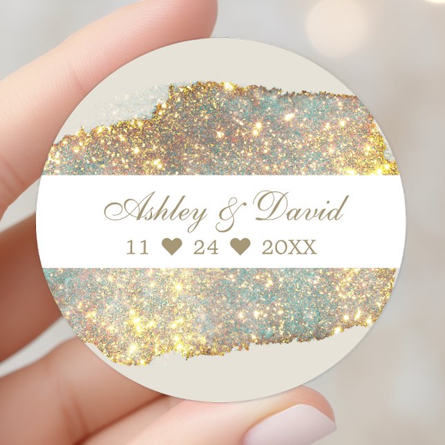 Chic Iridescent Holographic Glitter Wedding Classic Round Sticker (Creator Uploaded)