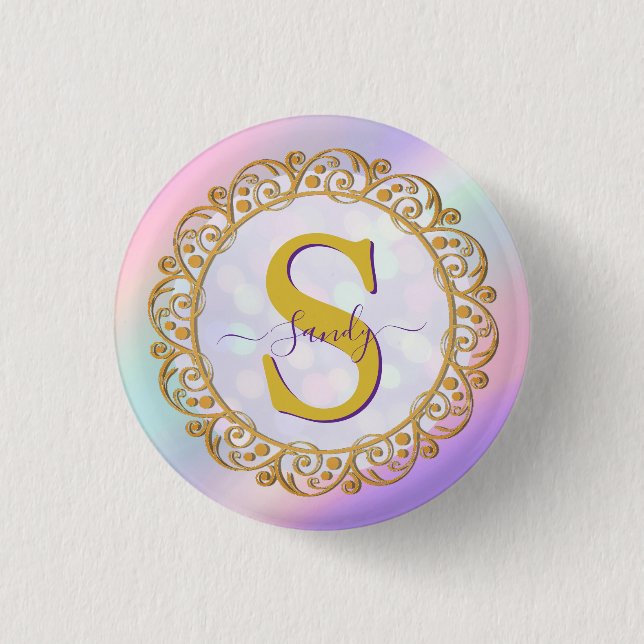 Chic Iridescent Initial With Gold Scrollwork 3 Cm Round Badge (Front)