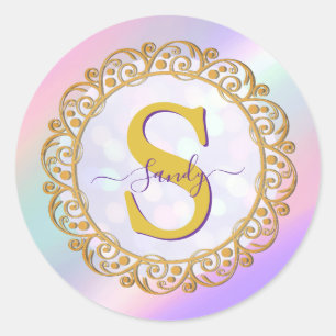 Chic Iridescent Initial With Gold Scrollwork Classic Round Sticker