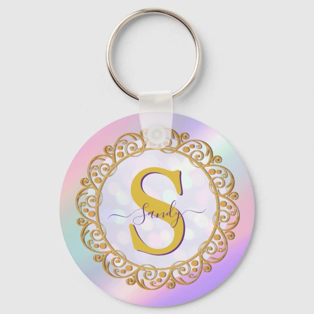 Chic Iridescent Initial With Gold Scrollwork Key Ring (Front)