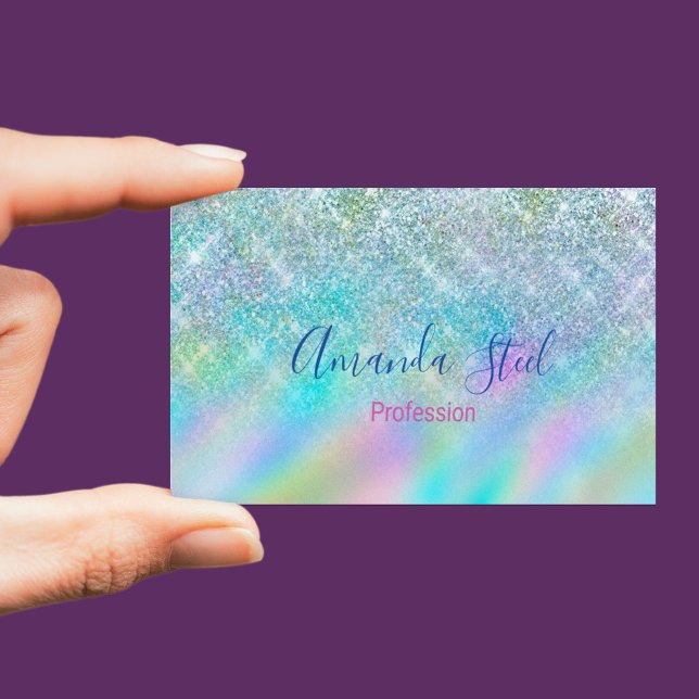 Chic iridescent ombre blue faux glitter magnetic business card (Creator Uploaded)