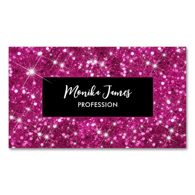 Chic Iridescent Pink Faux Glitter Monogram Magnetic Business Card (Front)