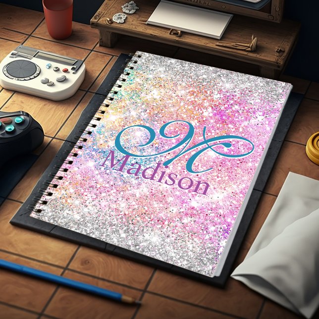 Chic iridescent pink silver faux glitter monogram notebook (Creator Uploaded)