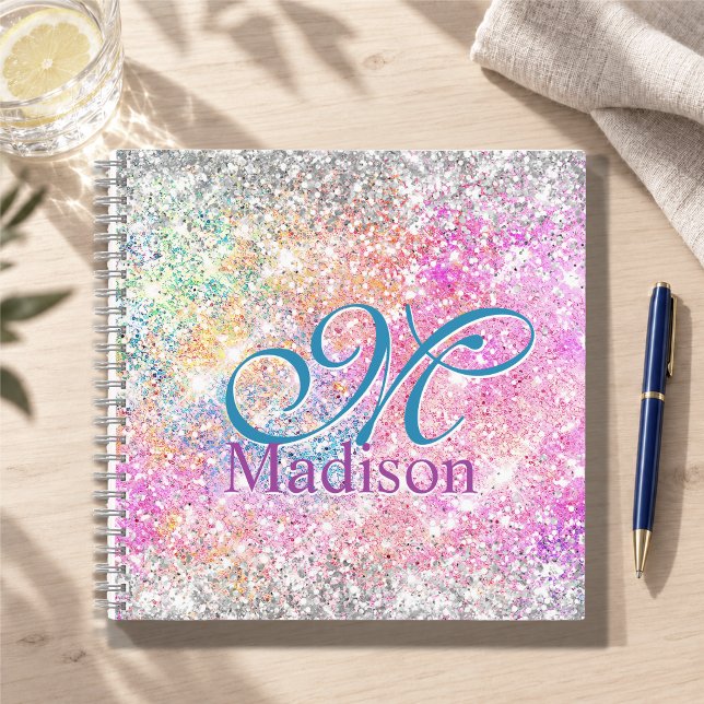 Chic iridescent pink silver faux glitter monogram notebook (Creator Uploaded)