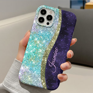 Chic iridescent purple blue faux glitter monogram iPhone 13 case
