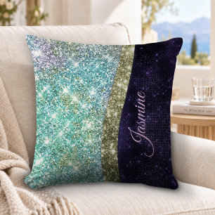 Chic iridescent purple blue faux glitter monogram cushion