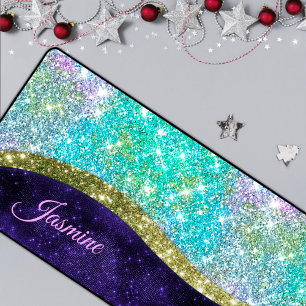 Chic iridescent purple blue faux glitter monogram desk mat