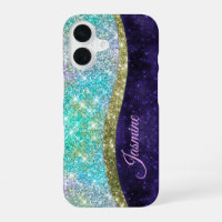 Chic iridescent purple blue faux glitter monogram