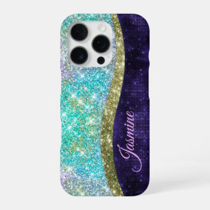 Chic iridescent purple blue faux glitter monogram iPhone 16 pro case