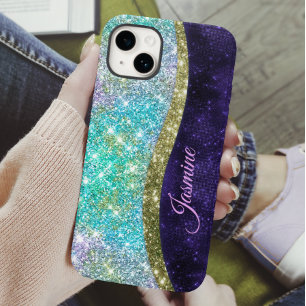 Chic iridescent purple blue faux glitter monogram iPhone 14 case