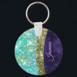 Chic iridescent purple blue faux glitter monogram key ring<br><div class="desc">A cool girly silver and iridescent faux glitter in unicorn, rainbow, teal, aqua, purple blue colours. Elegant Glitter Monogram keychain. Personalise it with your name, monogram or other desired text. This makes the perfect sweet 16 birthday, wedding, bridal shower, anniversary, baby shower or bachelorette party gift for someone that loves...</div>