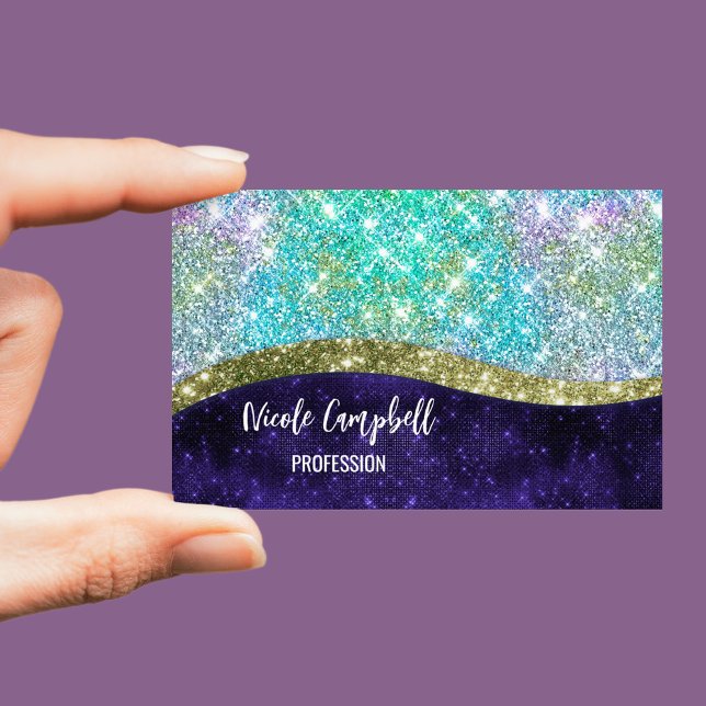 Chic iridescent purple blue faux glitter monogram magnetic business card (Creator Uploaded)