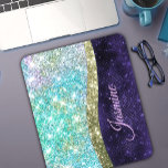 Chic iridescent purple blue faux glitter monogram mouse pad<br><div class="desc">Add a touch of glitter and glam to your home office or dorm with this elegant personalised mouse pad. This chic design template features elegant girly silver and iridescent faux glitter in unicorn, rainbow, teal, aqua, purple blue colours. To make it extra special, it is also monogrammed and personalised with...</div>