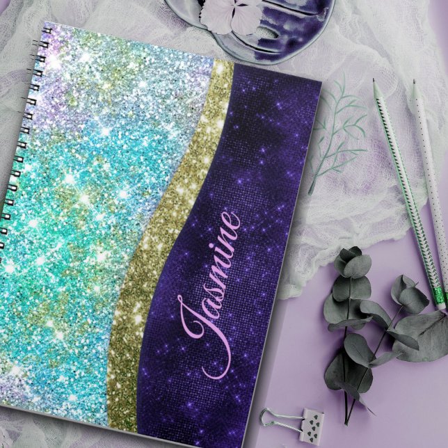 Chic iridescent purple blue faux glitter monogram notebook (Creator Uploaded)