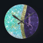 Chic iridescent purple blue faux glitter monogram round clock<br><div class="desc">Easily personalise this trendy, chic bling Luxury Wall Clock design featuring elegant girly silver and iridescent faux glitter in unicorn, rainbow, teal, aqua, purple blue colours design. This makes the perfect sweet 16 birthday, wedding, bridal shower, anniversary, baby shower or bachelorette party gift for someone that loves glam luxury and...</div>