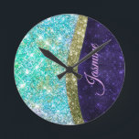 Chic iridescent purple blue faux glitter monogram round clock<br><div class="desc">Easily personalise this trendy, chic bling Luxury Wall Clock design featuring elegant girly silver and iridescent faux glitter in unicorn, rainbow, teal, aqua, purple blue colours design. This makes the perfect sweet 16 birthday, wedding, bridal shower, anniversary, baby shower or bachelorette party gift for someone that loves glam luxury and...</div>