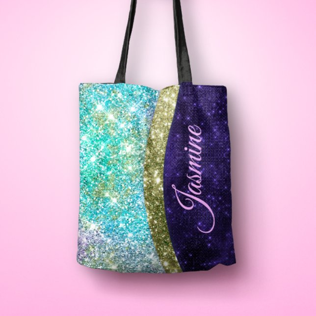 Chic iridescent purple blue faux glitter monogram tote bag (Creator Uploaded)