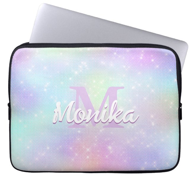 Chic iridescent unicorn pink faux glitter monogram laptop sleeve (Front)