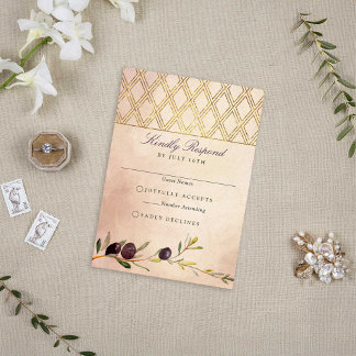 Chic Italian Olive Branch and Gold Lattice RSVP Card