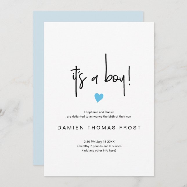 Chic It's A Boy Birth Announcement Tiny Blue Heart (Front/Back)