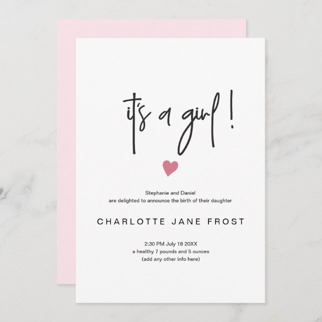 Chic Its A Girl Birth Announcement Tiny Pink Heart (Front/Back)