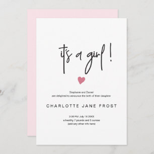 Chic Its A Girl Birth Announcement Tiny Pink Heart