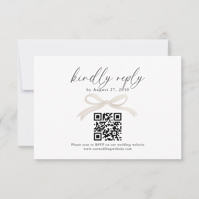 Chic Ivory Beige Bow Ribbon QR Code Wedding Rsvp (Front)