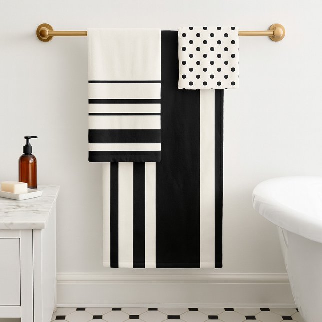 Chic Ivory Black Stripes Polka Dots Bath Towel Set (A classic bathroom towel set in ivory and chic black with stripes and polka dots)