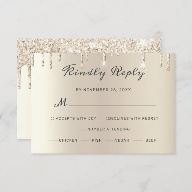 Chic Ivory Dripping Glitter Elegant Script Wedding RSVP Card (Front/Back)