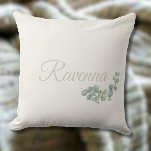 Chic Ivory Eucalyptus Sage Personalised Name Cushion