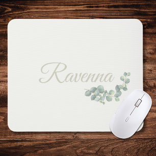 Chic Ivory Eucalyptus Sage Personalised Name Mouse Pad