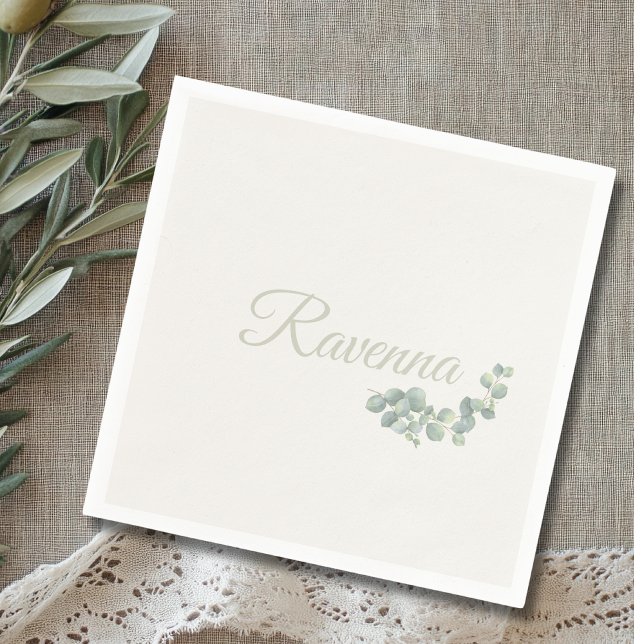 Chic Ivory Eucalyptus Sage Personalised Name Napkin (Creator Uploaded)