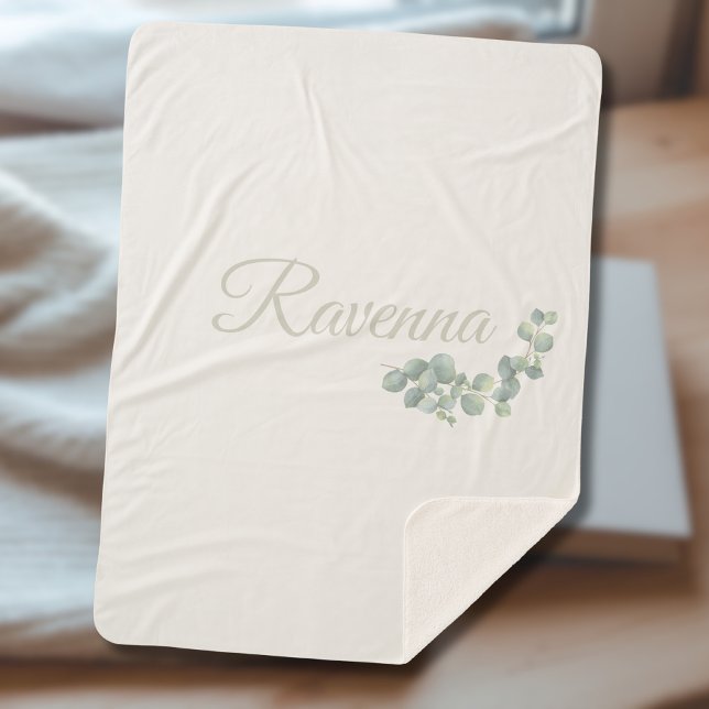 Chic Ivory Eucalyptus Sage Personalised Name Sherpa Blanket (Creator Uploaded)