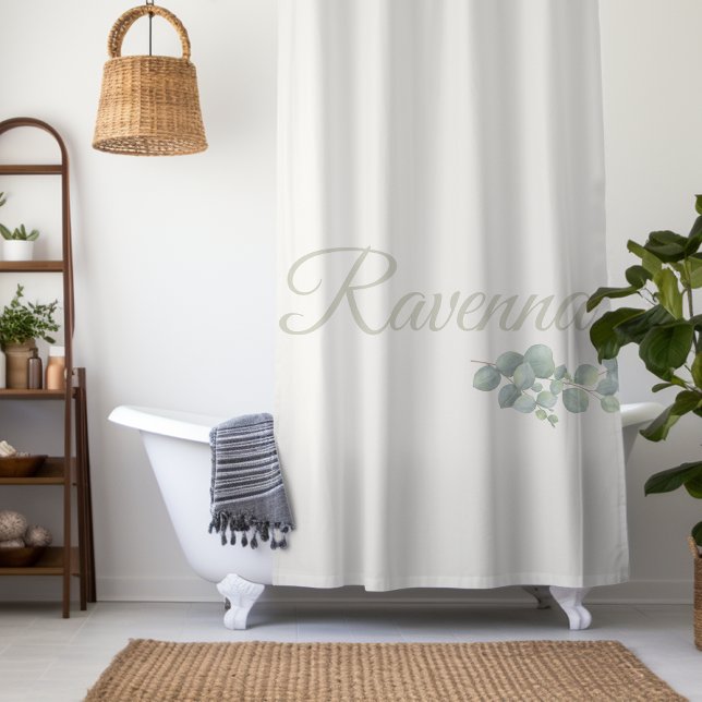 Chic Ivory Eucalyptus Sage Personalised Name Shower Curtain (Creator Uploaded)