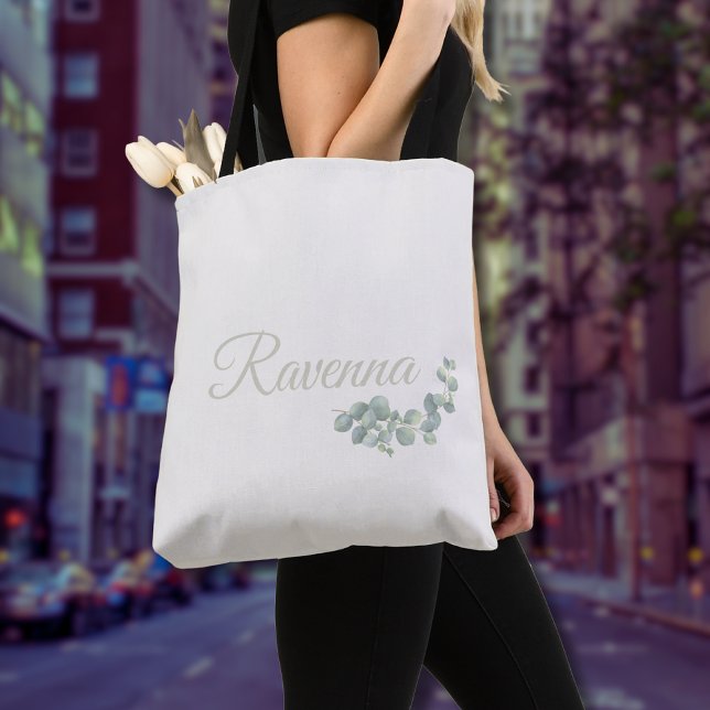 Chic Ivory Eucalyptus Sage Personalised Name Tote Bag (Creator Uploaded)