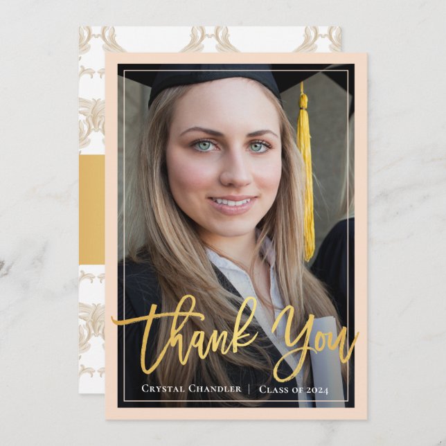 Chic Ivory Gold Script Graduation Photo Thank You Announcement (Front/Back)