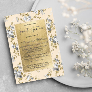 Chic ivory grey gold glitter floral Sweet 16 Invit Invitation