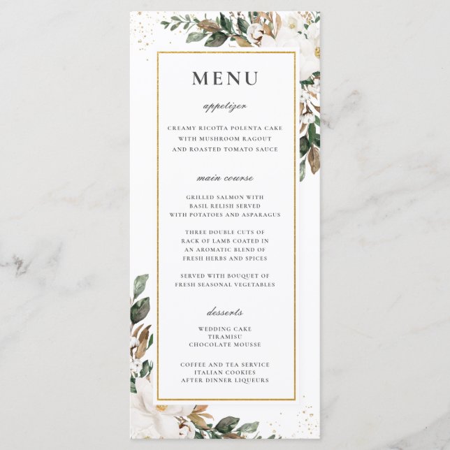 Chic Ivory Magnolia Floral Greenery Wedding Menu (Front)