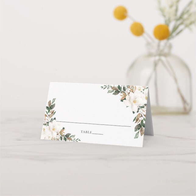 Chic Ivory Magnolia Greenery Wedding Guest Name   Place Card (Front)