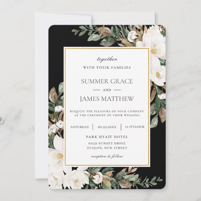 Chic Ivory Magnolias Cotton Floral Wedding  Invitation (Front)