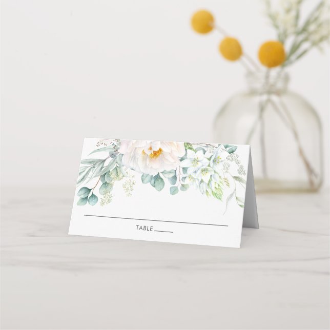 Chic Ivory Peony White Floral Eucalyptus Wedding  Place Card (Front)
