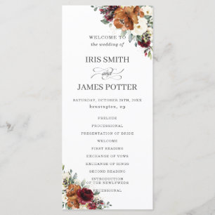Chic Ivory Rust Burgundy Floral Wedding Program Programme