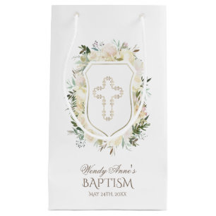 Chic Ivory Watercolour Floral Girl Christening Small Gift Bag