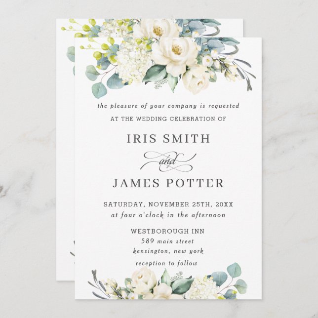 Chic Ivory White Floral Greenery Wedding Invitation (Front/Back)