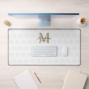 Chic Ivory White Gold Anahaw Leaf Script Monogram Desk Mat
