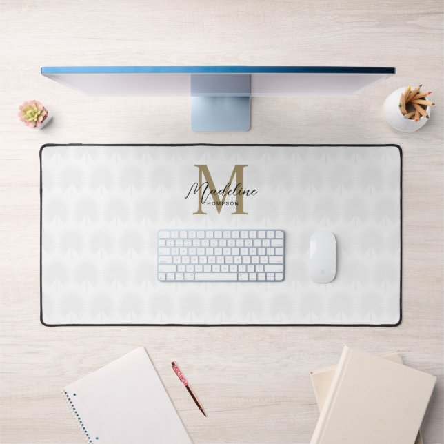 Chic Ivory White Gold Anahaw Leaf Script Monogram Desk Mat (Office 1)